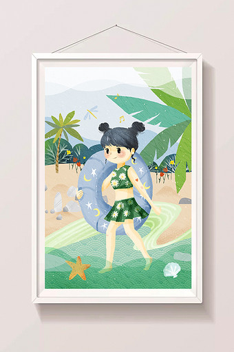 绿色清新海边少女假期游泳大暑节气插画图片