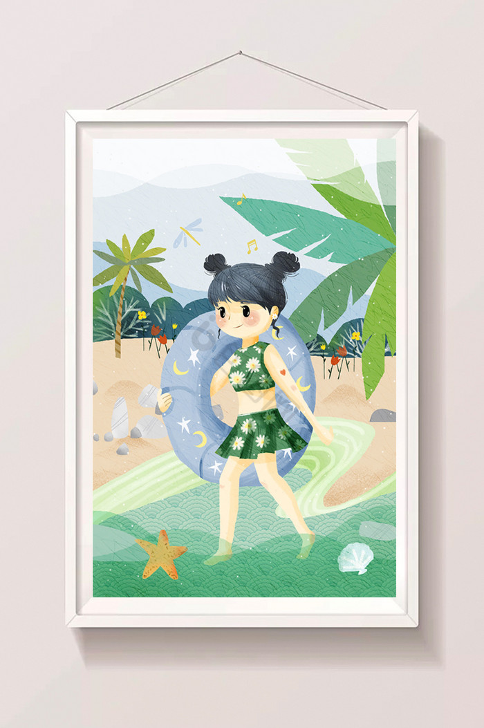 海边少女假期游泳大暑节气插画图片