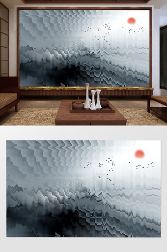 水墨烟雾风格中国风客厅电视背景墙图片