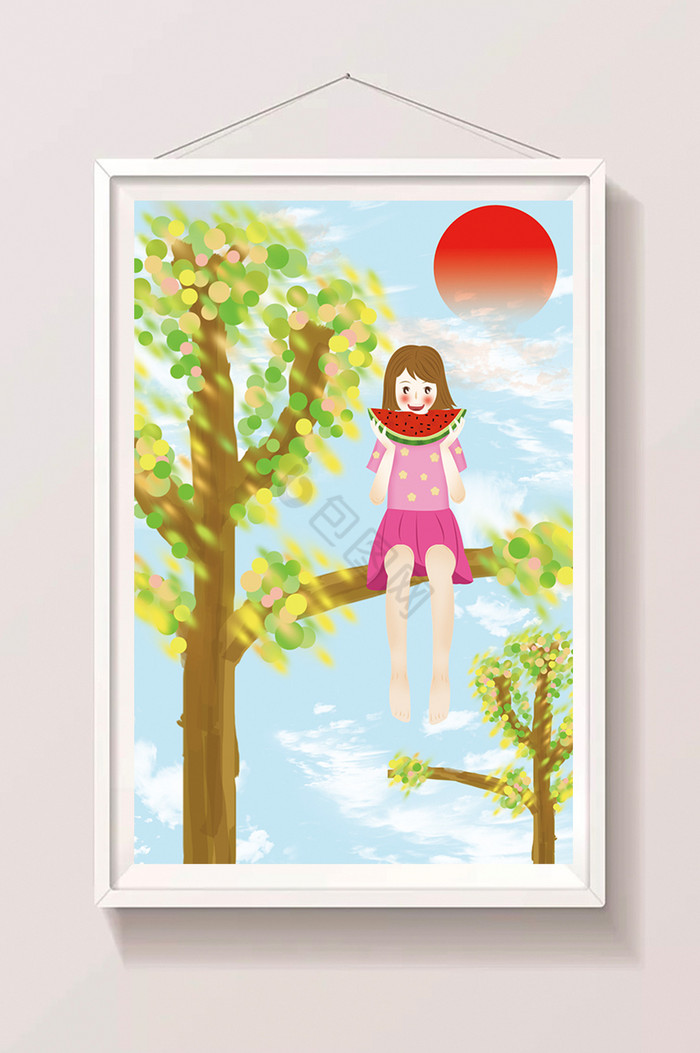 暑期生活女孩树上解暑插画图片