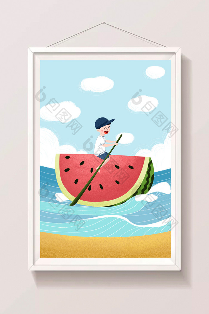 蓝色大海西瓜划船沙滩大暑插画