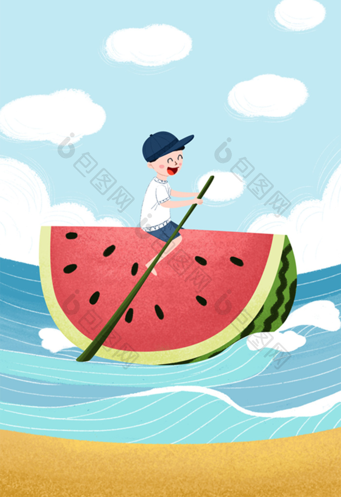 大海西瓜划船沙滩大暑插画图片
