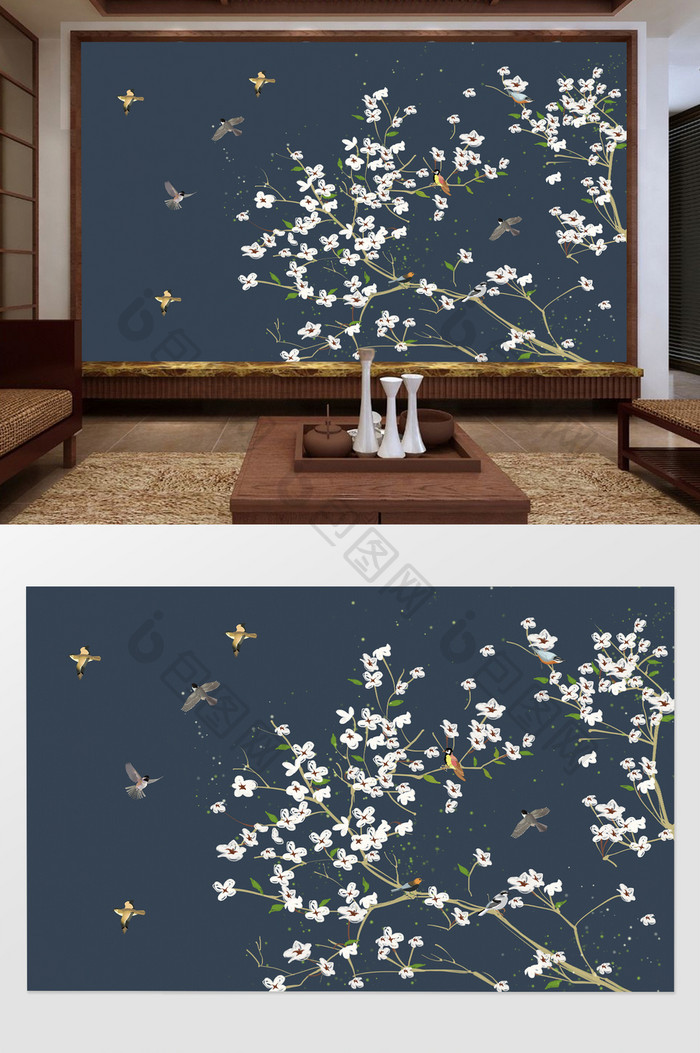 中式手绘纹路花朵花鸟电视沙发背景墙