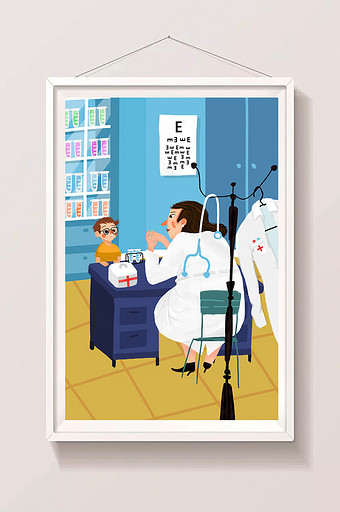 卡通小男孩看病护士医生医疗健康医院插画图片