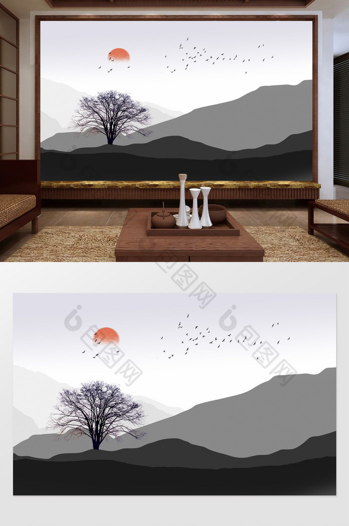 新中式意境风山水日出电视背景墙定制图片图片