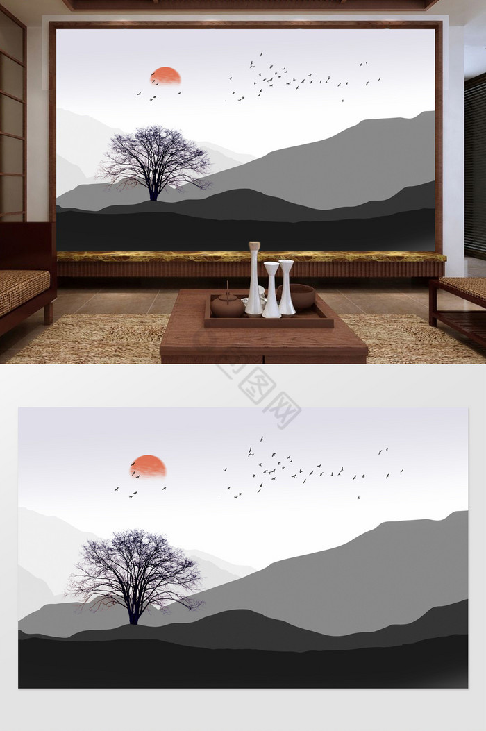 新中式意境风山水日出电视背景墙定制图片