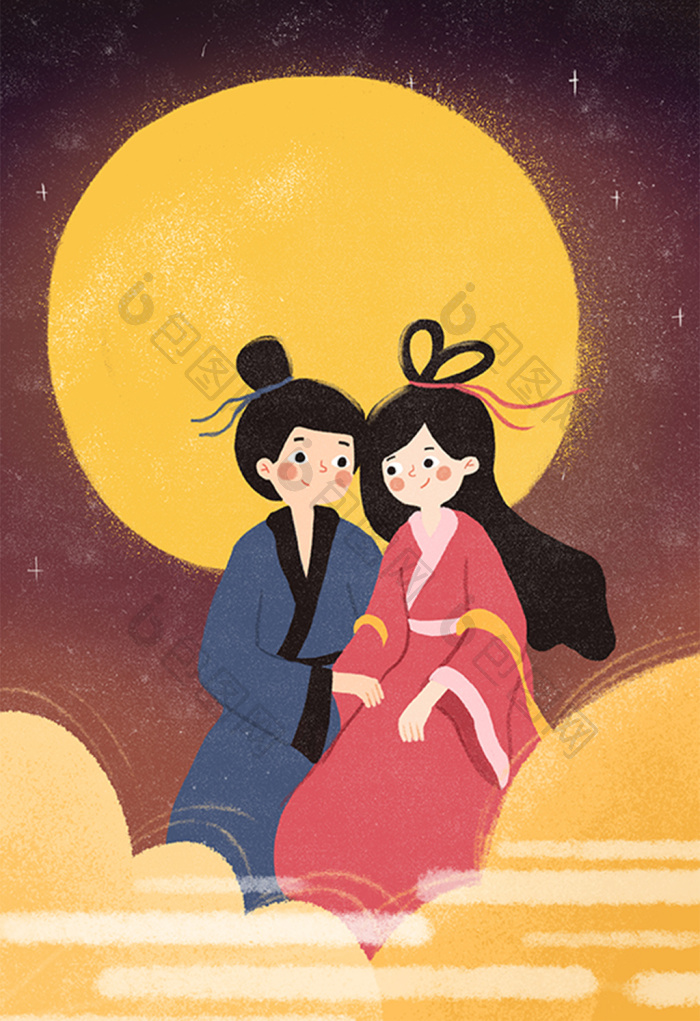 清晰七月七牛郎织女情人节情侣儿童插画图片