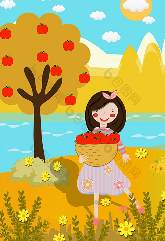 橙黄色秋季女孩收获苹果插画