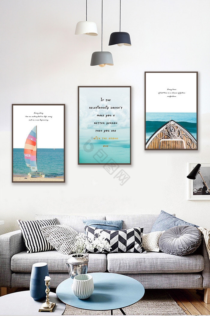 现代简约北欧风海景沙滩帆船装饰画图片