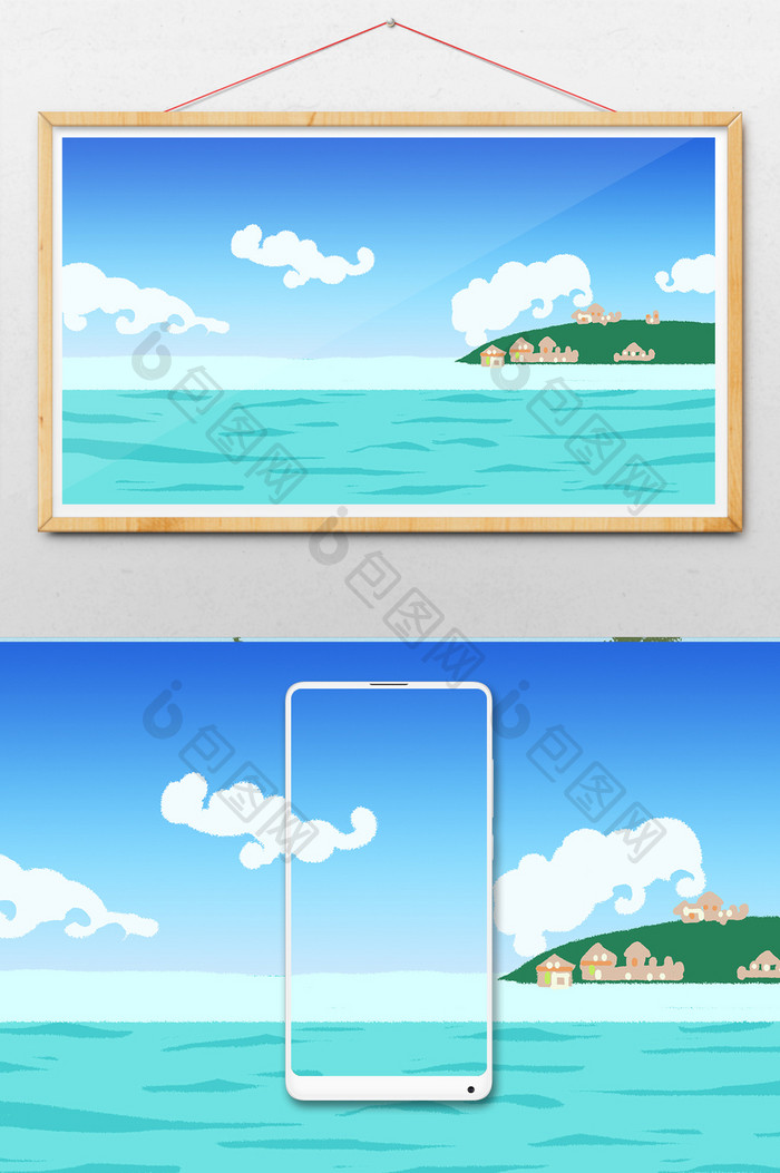 蓝色调唯美清新海边的渔村插画背景