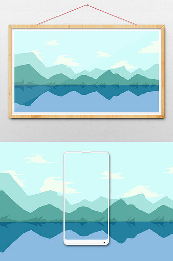绿色调清新扁平唯美山水画插画背景图片