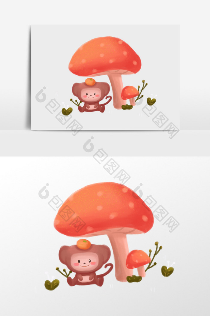 蘑菇小猴子插画元素