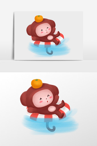 游泳的小猴子插画元素图片