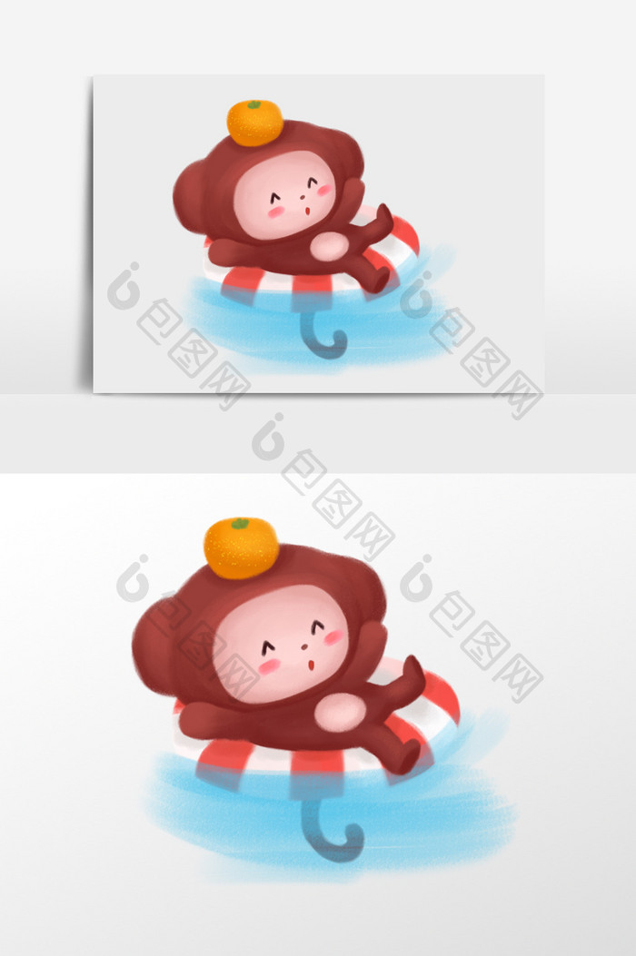 游泳的小猴子插画元素