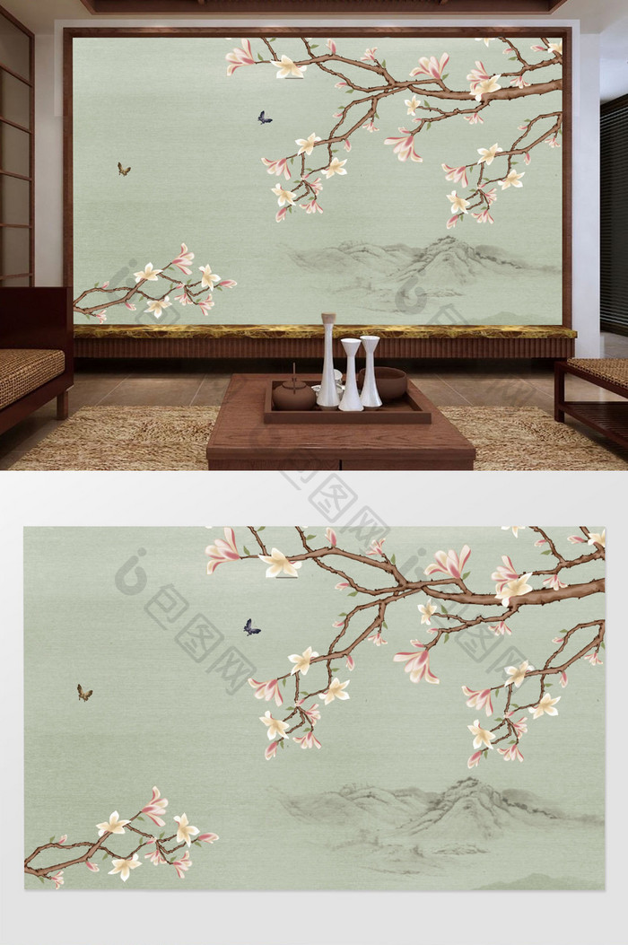 新中式手绘玉兰花电视背景墙