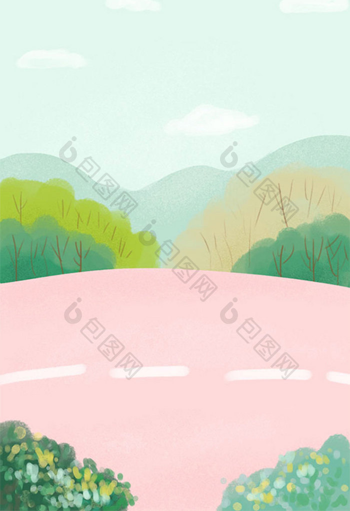 粉色公路风景自驾游手绘插画背景