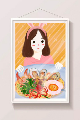 唯美热情可爱卡通女孩手绘面条美食插画