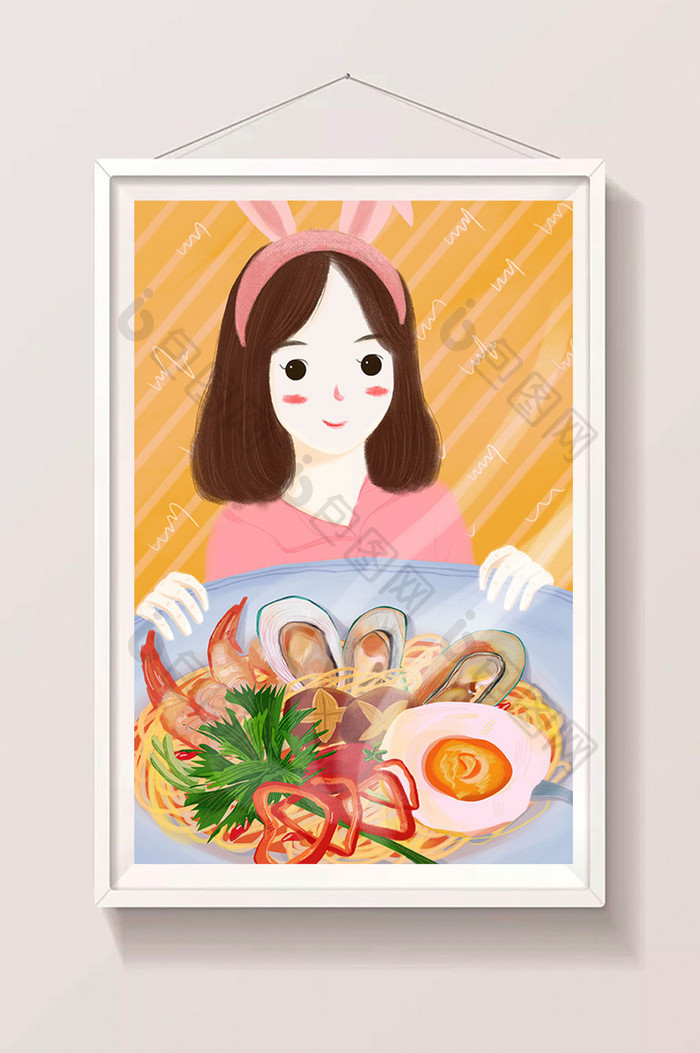 唯美热情可爱卡通女孩手绘面条美食插画