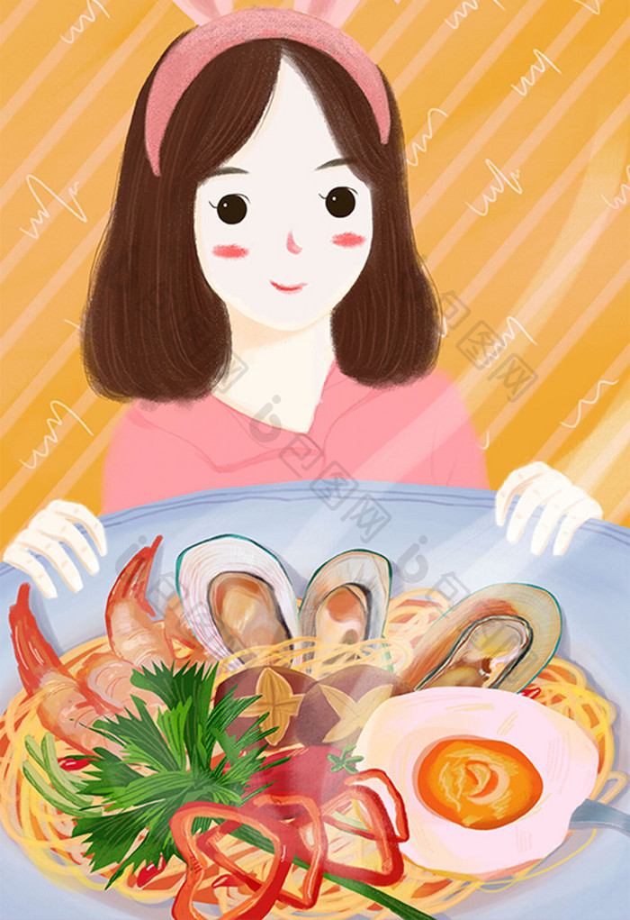 唯美热情可爱卡通女孩手绘面条美食插画