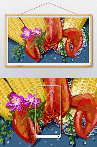 手绘海鲜美食龙虾文化主题插画图片