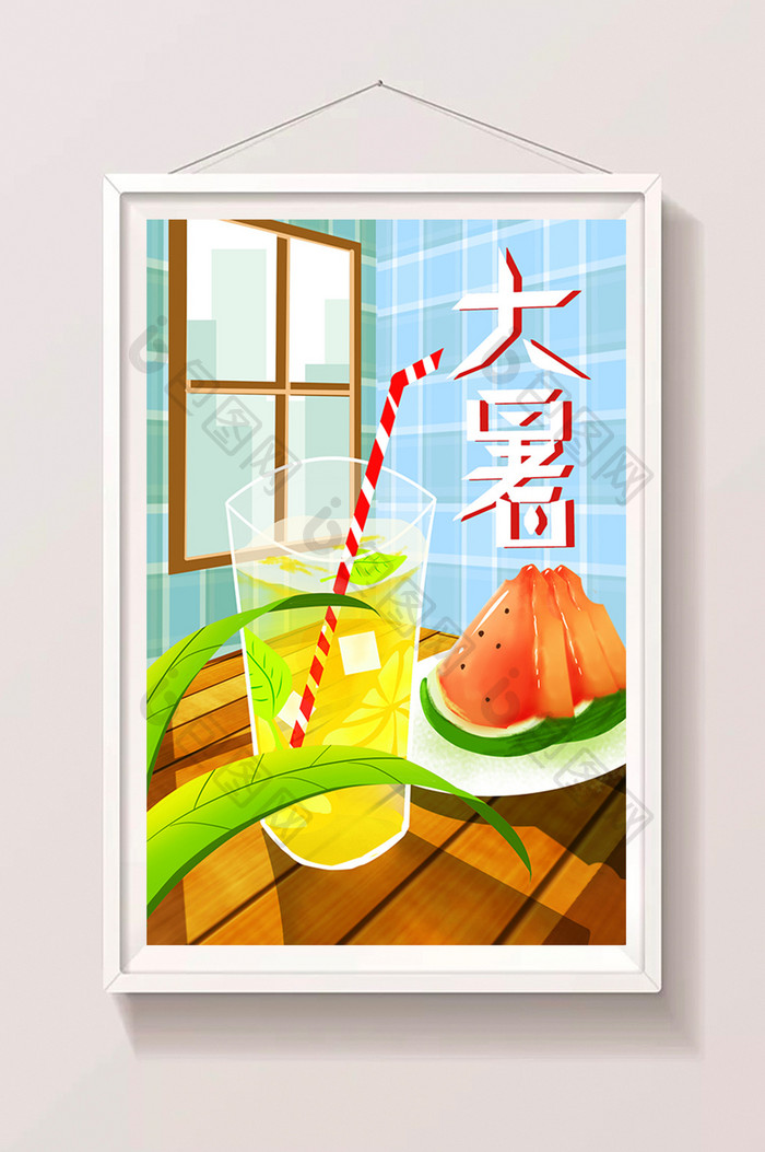 清新大暑柠檬夏天冰块西瓜卡通清凉插画