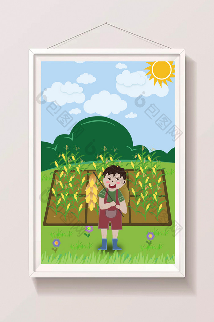 夏天种玉米玉米地玩耍暑假生活插画
