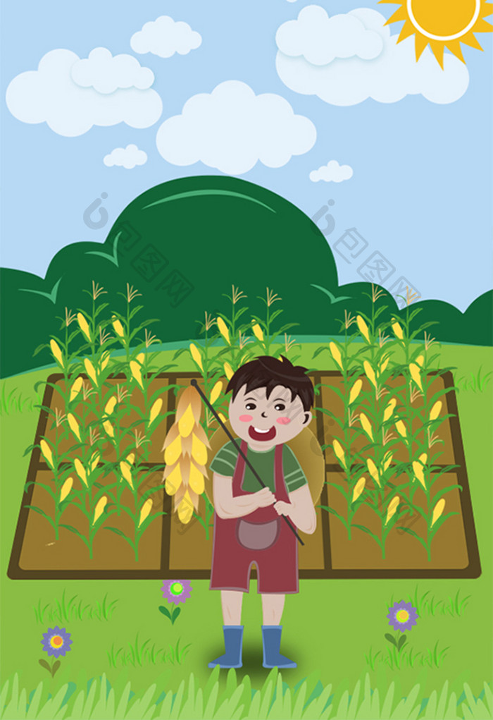 夏天种玉米玉米地玩耍暑假生活插画
