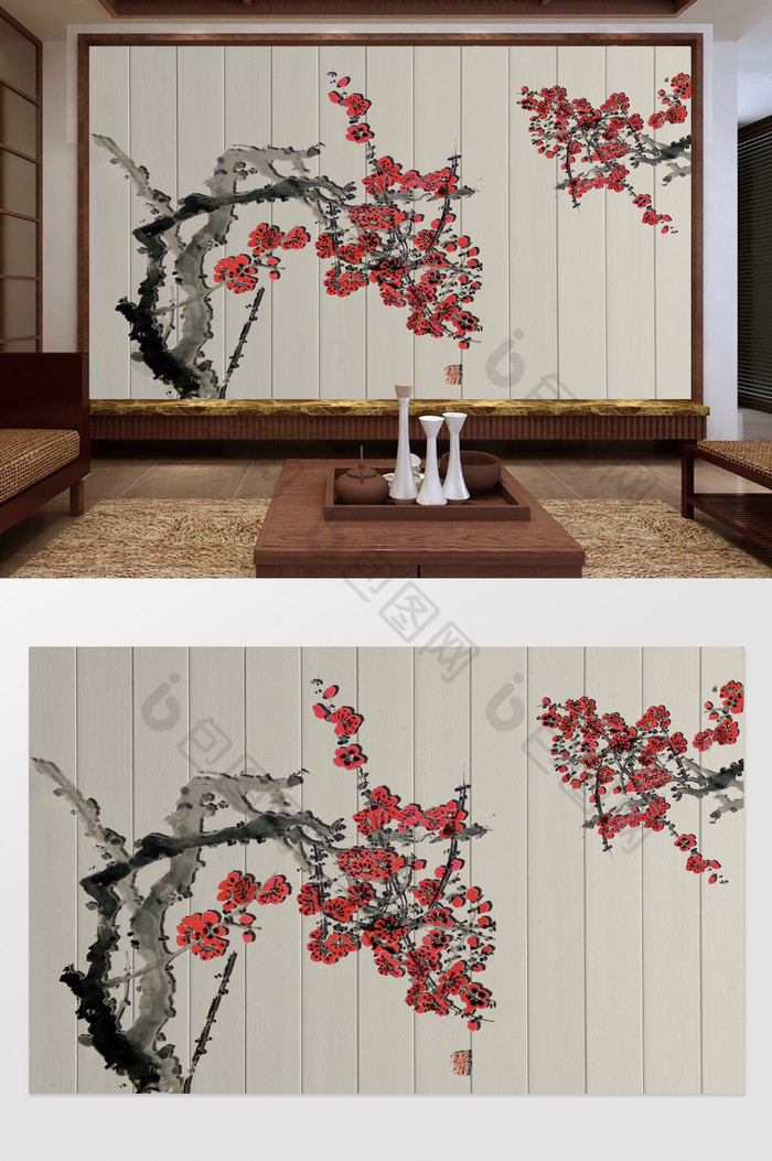 新中式木质纹理梅花背景墙