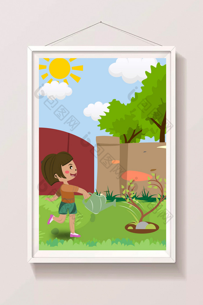可爱女孩假期院子种树浇水暑假生活插画
