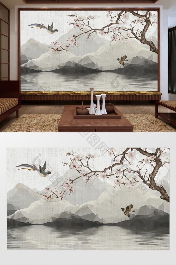 新中式意境手绘山水花鸟背景墙