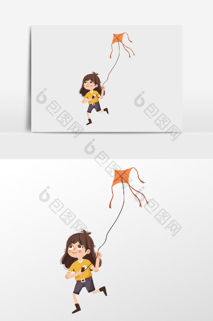 放风筝的女孩插画元素