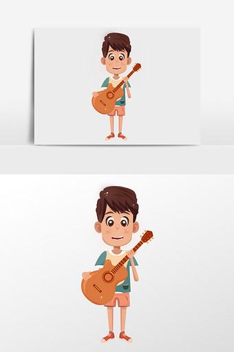 弹吉他的小男孩插画元素图片