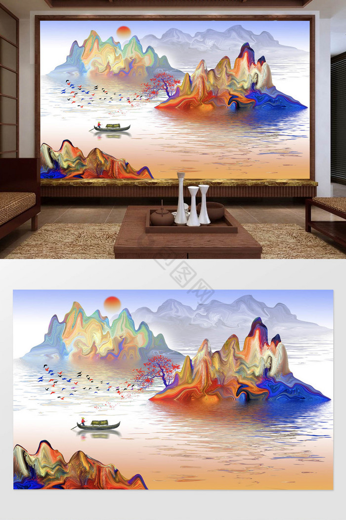 新中式彩色抽象写意山水画背景墙图片