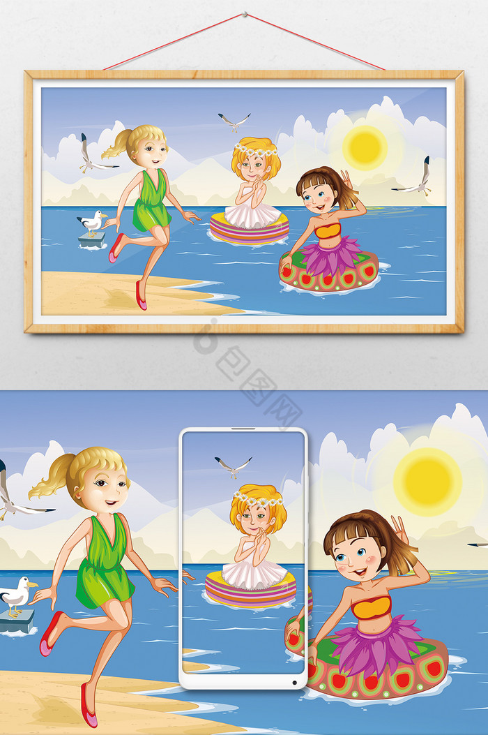 梦幻的海边美女们游泳嬉戏插画图片