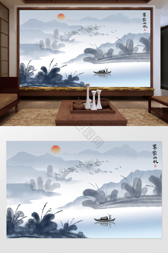 中式意境墨韵山水背景装饰画图片