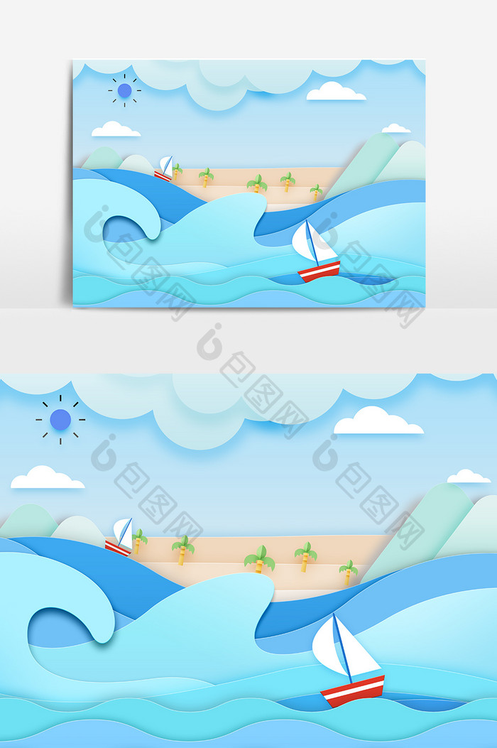夏日海浪沙滩剪纸风格装饰元素