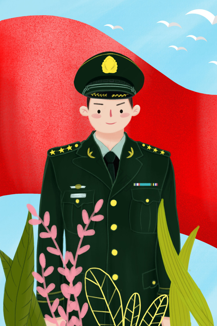 画八一建军节冲锋号学生戴军帽插画军人插画建党100周年中国红百年