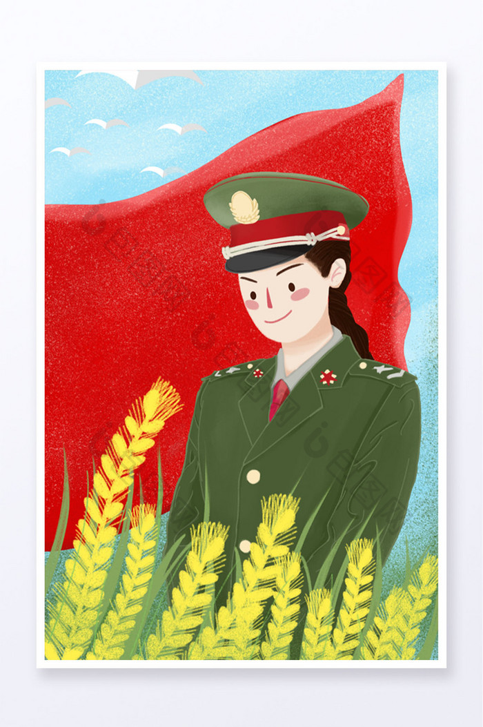 绿色卡通八一建军节女兵主题插画