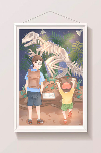 简约梦幻卡通暑期生活亲子恐龙博物馆插画图片