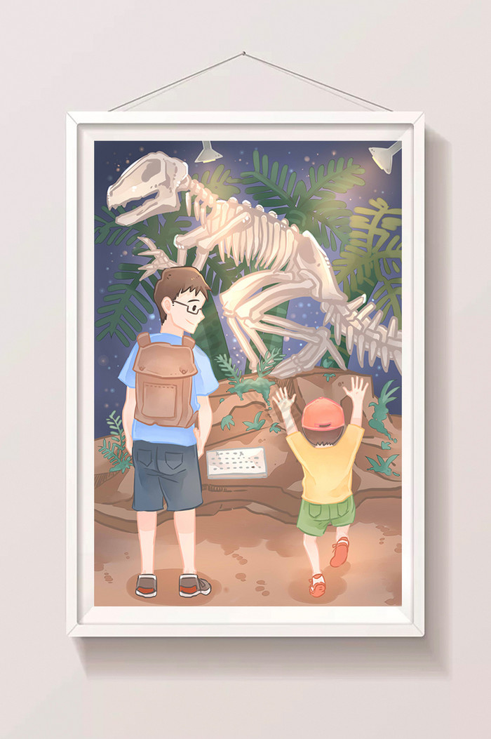 梦幻暑期生活亲子恐龙博物馆插画图片