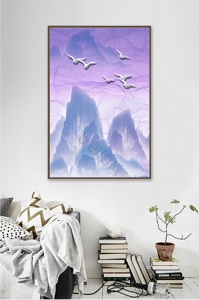 紫蓝色山和浮雕飞鸟客厅装饰画图片
