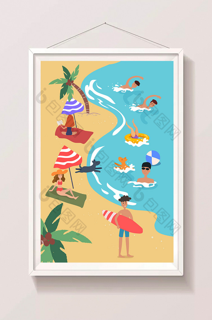 夏季大暑暑假旅游海边沙滩游泳冲浪插画