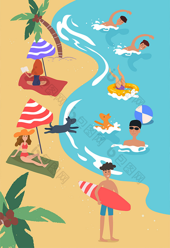 夏季大暑暑假旅游海边沙滩游泳冲浪插画
