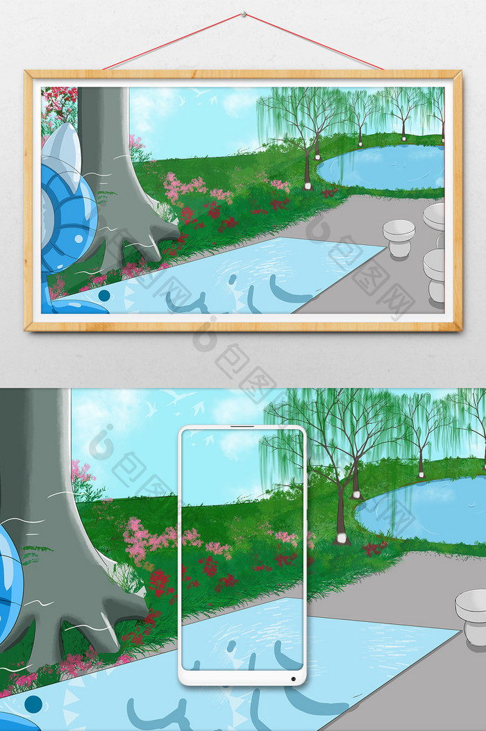 河流背景插画设计