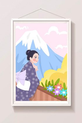 文艺小清新和服女孩富士山秋季插画