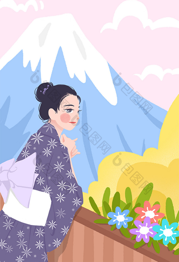 文艺小清新和服女孩富士山秋季插画