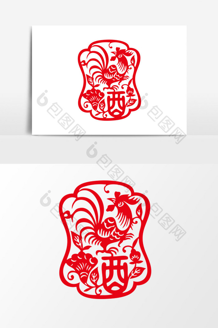 简洁中国传统红色剪纸窗花公鸡和酒矢量元素