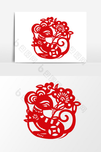 简洁中国传统红色剪纸窗花老鼠鼠年矢量元素图片