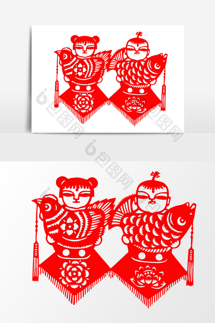 简洁中国传统红色剪纸窗花吉祥 双鱼矢量元