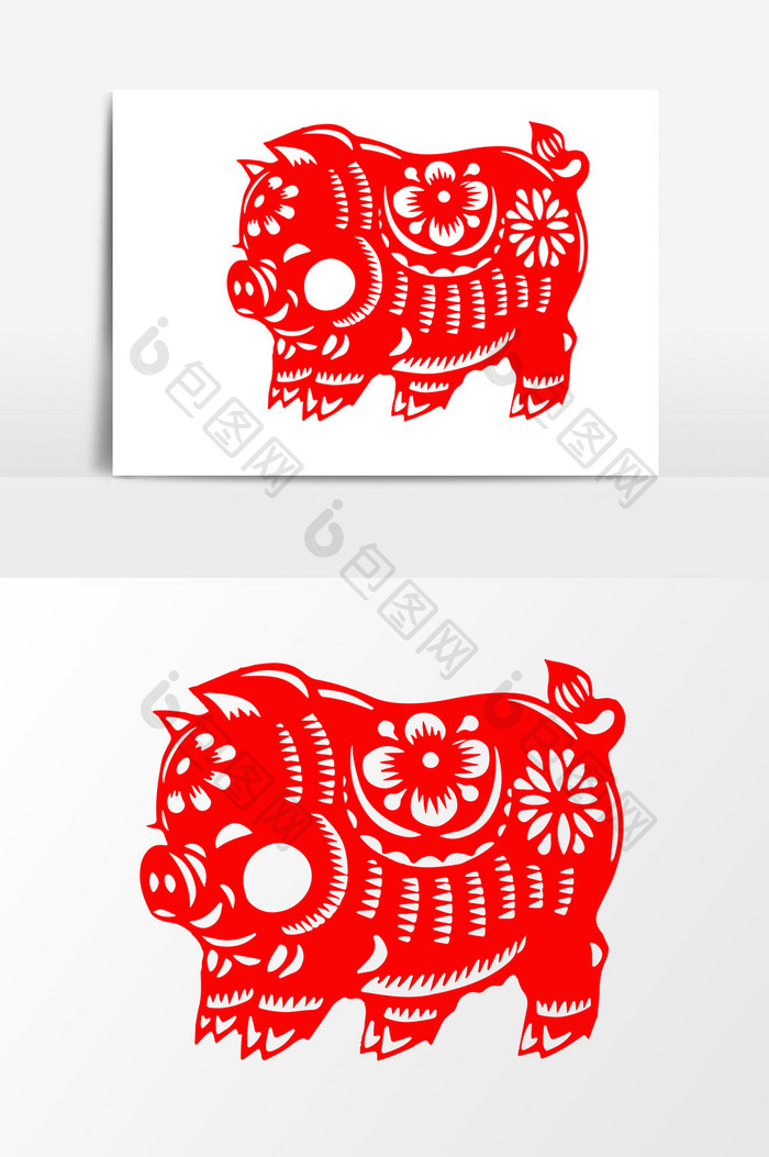 简洁中国传统红色剪纸窗花花花猪矢量元素
